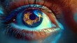 © Skoles - Close-up of eyes reflecting bright neon signs and city lights, evoking hidden emotions and curiosity. The background has a soft bokeh effect with subtle sparkles and light trails.