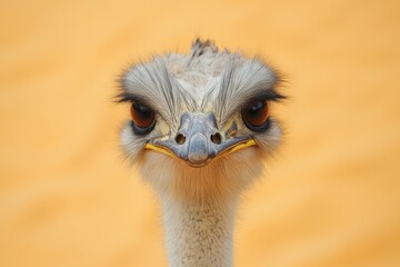 close-up of ostrich face with its large eyes and beak framed against bright sandy background