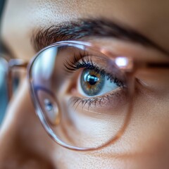 Aufkleber - Close up of a female eye behind corrective glasses with clear focus on the eyelashes and iris. Generative AI
