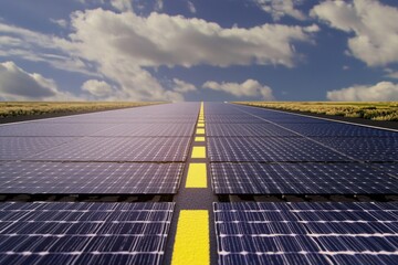 Wall Mural - Innovative solar panels stretch along a road beneath a bright blue sky