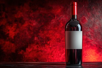 Wine bottle with blank label concept for commercial poster. Red wine bottle with a blank label against a textured red background