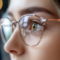 Wall Mural - Close up view of a female eye behind vision correction glasses with intricate details and reflections captured. Generative AI