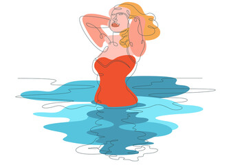 Wall Mural - One continuous line drawing Young woman comes out of the water. Blonde in a red swimsuit.Vector doodle illustration