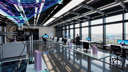 Leinwandbilder - Modern technology lab showcases advanced virtual reality and data visualization techniques in a futuristic workspace