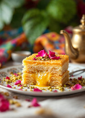 Wall Mural - A square of knafeh with shredded pastry, gooey cheese, pistachios, and rose petals.

