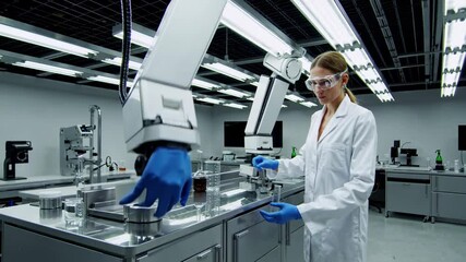 Poster - Laboratory technician conducting experiments with robotic assistance in modern research facility