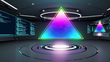 Aufkleber - Exploring a futuristic digital space with holographic displays and vibrant geometric shapes