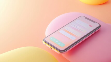 Aufkleber - Close up of a modern smartphone displaying a colorful messenger chat on soft pastel surfaces in a creative workspace. Generative AI
