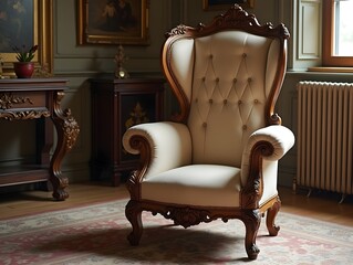 Antique throne made of wood with a high back and soft upholstery