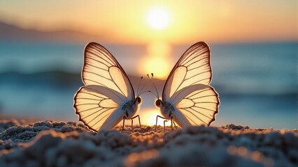 Wall Mural - Two butterflies are standing on the beach, one of them is facing the sun. The scene is peaceful and serene, with the sun setting in the background