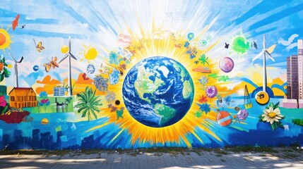 vibrant mural depicting earth surrounded by symbols of clean energy conservation and biodiversity set on sunny urban