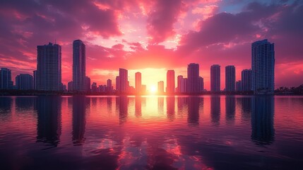 Poster - City skyline sunset over water.