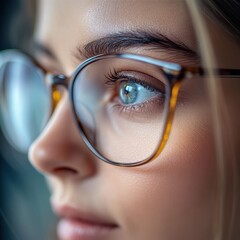 Aufkleber - Close up of a female eye wearing glasses for vision correction revealing details of eyelashes and iris color. Generative AI