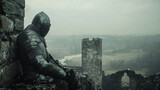 A knight gazes out from the ruins of a broken castle wall, the winds howling around him. His armor is battered, and the landscape below is ravaged by years of conflict. He reflects on the battles he h