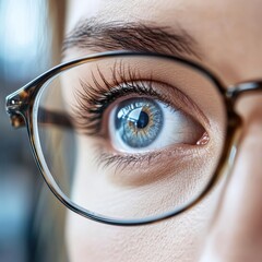 Aufkleber - Close up view of a female eye wearing glasses in a bright setting showcasing vivid blue iris and detailed eyelashes. Generative AI