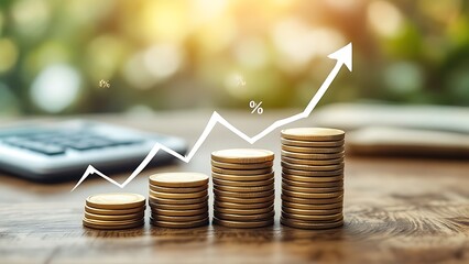 Wall Mural - the calculator and coins money with up arrow and percentage symbol for financial banking increase in
