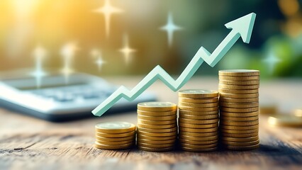 Wall Mural - the calculator and coins money with up arrow and percentage symbol for financial banking increase in
