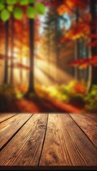 The empty wooden table top with blur background of autumn. Exuberant image.