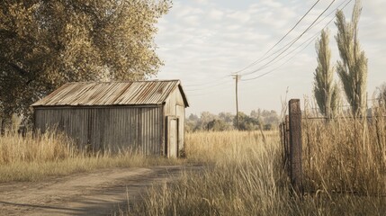 Wall Mural - Rustic shed in autumnal field, dirt road, tall grass, fence, power lines, trees, hazy sky.