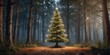 © Patthama - A tinsel Christmas tree in a whimsical forest with towering trees and twinkling lights, tinsel tree, sparkly branches