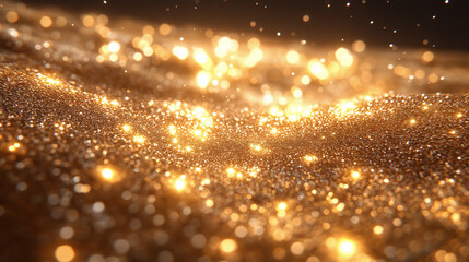 Glowing golden glitter particles shimmering in a soft abstract texture.