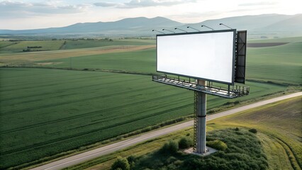 Blank Billboard in Rural Landscape: A towering billboard stands tall against a backdrop of rolling hills and a vast green field, offering a blank canvas for your message to reach a wide audience.  