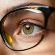 © Анатолий Сав - Close up view of a female eye wearing glasses focused on vision correction and eye health in a bright setting. Generative AI