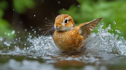 Orange Rabbit With Wings Splashing In Water