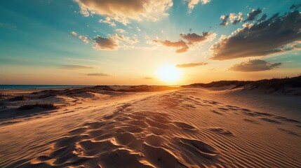 Wall Mural - breathtaking sunset over serene beach dunes with colorful sky and soft sands capturing tranquility a
