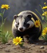 © Patthama - Small badger crouching behind a bright yellow flower stalk, stalk, yellow, small animal