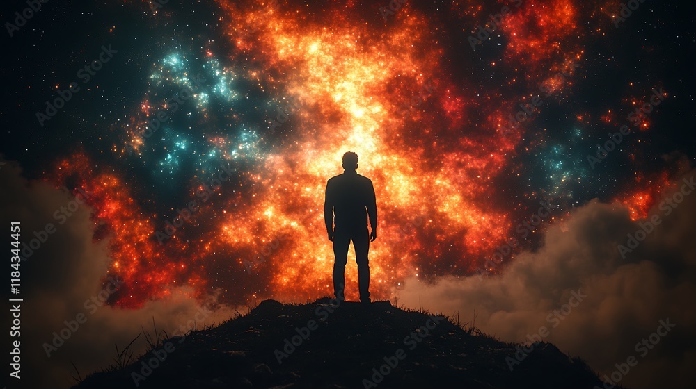 Silhouette of a man standing on a hilltop, gazing at a vibrant, cosmic ...