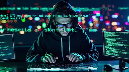 Leinwandbilder - Expert hacker at night coding with multiple screens in a high-tech workspace