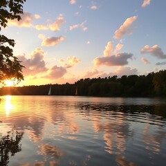 Wall Mural - Sunset over calm lake with sailboats.