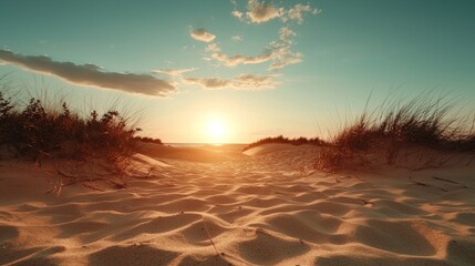 Wall Mural - tranquil sunset over dunes with gentle waves and soft grass, capturing the serene beauty of nature a