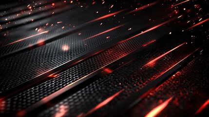 Wall Mural - A dark, edgy sport battle background with sharp red and black diagonal lines intersecting over a metallic grid. Subtle glowing sparks and motion blur effects .