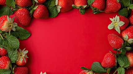 Wall Mural - A vibrant arrangement of fresh strawberries and mint leaves on a red background, creating a colorful and appetizing frame.