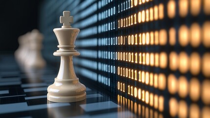 Strategic Leadership in the Digital Age White Chess King Against Binary Code Backdrop