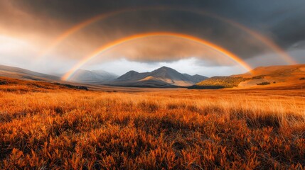 Wall Mural - Breathtaking Rainbow Over Majestic Mountain Landscape with Dramatic Cloudy Sky and Glowing Sunset