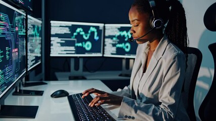 Aufkleber - Professional woman analyzes data in a modern office environment using multiple computer screens