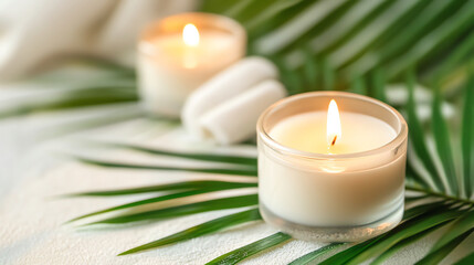 White candle with tropical palm leaves. Suitable for spa ambiance and wellness decor.