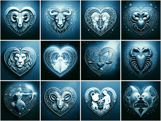 Wall Mural - modern ilustration of set of zodiac signs of shape of heart, astrology and love and valentine day co