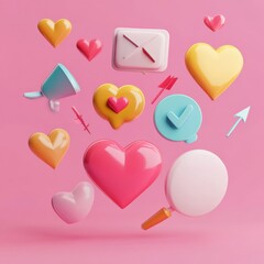 Leinwandbilder - Floating 3D chat bubbles, hearts, and arrows create a playful digital atmosphere in a vibrant pink space. Generative AI