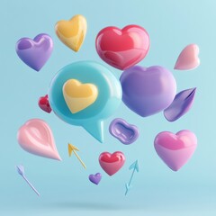 Leinwandbilder - Floating 3D chat bubbles with colorful hearts and arrows create a whimsical digital atmosphere for online conversations. Generative AI