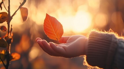 Canvas Print - Autumn Leaf in Hand Capturing the Beauty of Fall Season