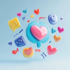 Leinwandbilder - Floating 3D chat bubbles, hearts, and arrows create a vibrant digital conversation atmosphere in a playful composition. Generative AI