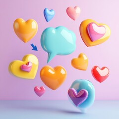 Leinwandbilder - Floating 3D chat bubbles and colorful hearts create an engaging digital conversation atmosphere. Generative AI
