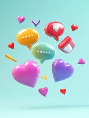 Wall Mural - Colorful floating chat bubbles and hearts create a lively digital communication atmosphere in a serene setting. Generative AI