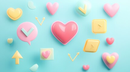 Leinwandbilder - Floating 3D chat bubbles hearts and arrows on a light blue background creating a playful visual experience for viewers. Generative AI