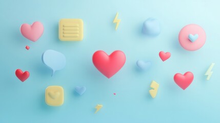 Aufkleber - Floating 3D chat bubbles and colorful hearts create a playful atmosphere against a soft blue backdrop. Generative AI