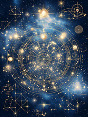 Wall Mural - cosmic dance: a captivating cosmic illustration of a celestial clock face embedded in a swirling neb